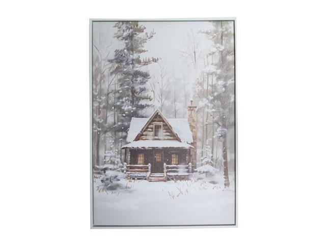 20" X 28" FRAMED CANVAS WALL ART (WINTER CABIN)